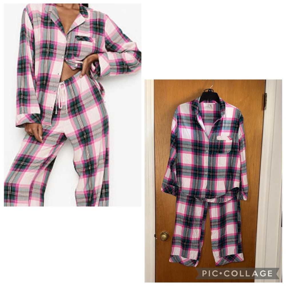 •VICTORIA’S SECERT•PINK & GREEN BUFFALO PLAID FLANNEL PAJAMA SET SIZE XS EUC